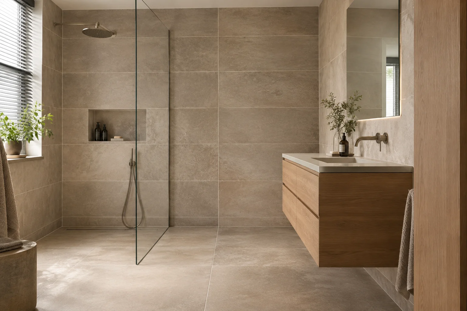 Inspiratiebeeld van een luxe badkamer met grote tegels en smalle strakke voegen in de inloopdouche