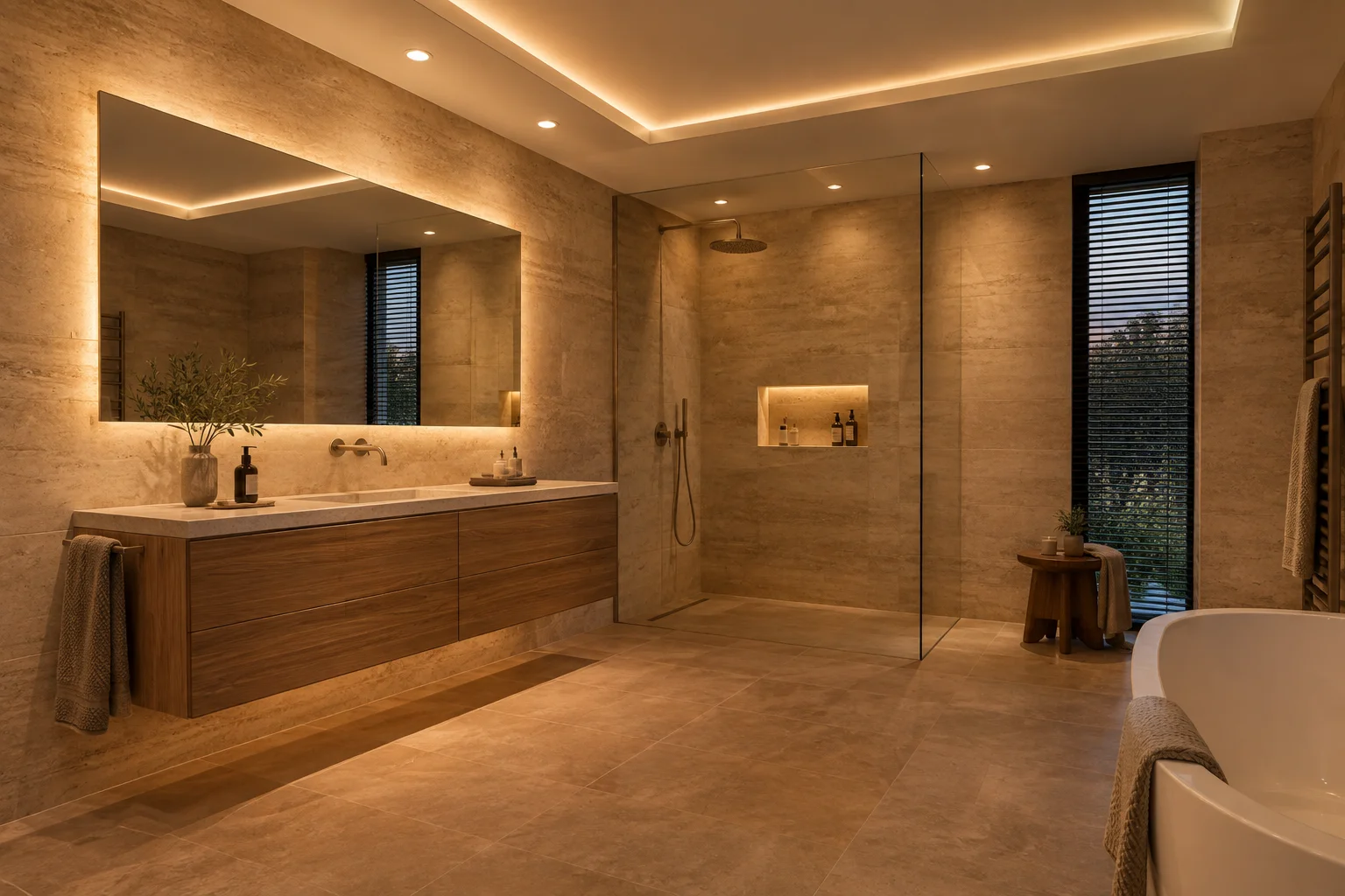 Inspiratiebeeld van een luxe badkamer met ingebouwde ledspots en indirect licht in het plafond boven grote natuursteenlook tegels