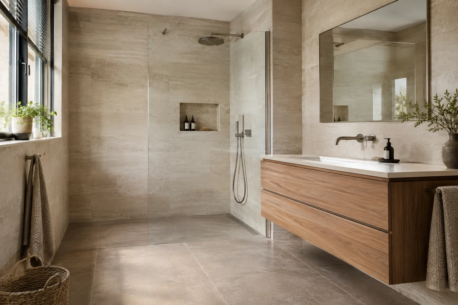 Inspiratiebeeld van een gerenoveerde badkamer met nieuwe grote tegels in travertinlook en natuursteenlook